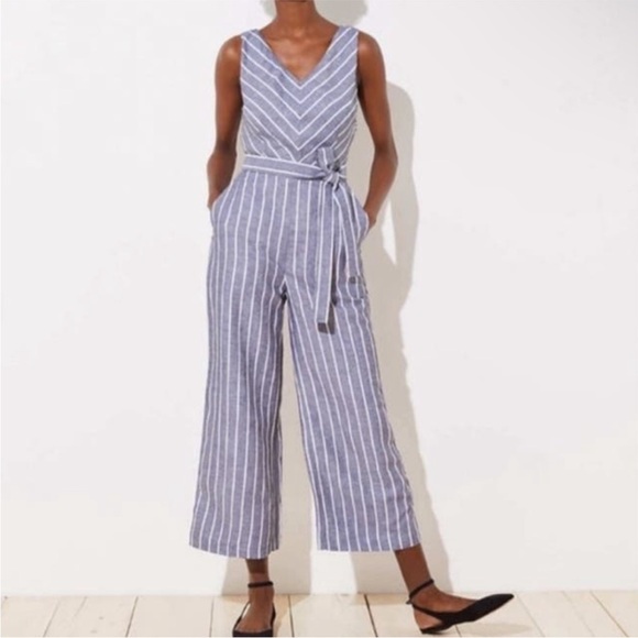 Loft Striped V Neck Cropped Jumpsuit - Picture 2 of 13